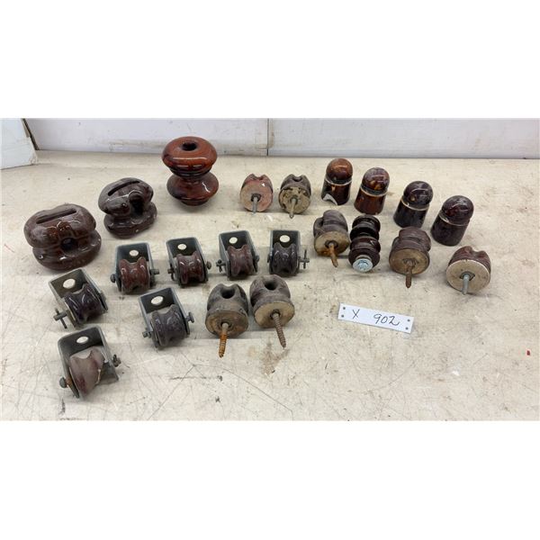 Collection of Vintage Brown Glazed Ceramic Electrical Insulators, Pin, Spool, and Strain Types
