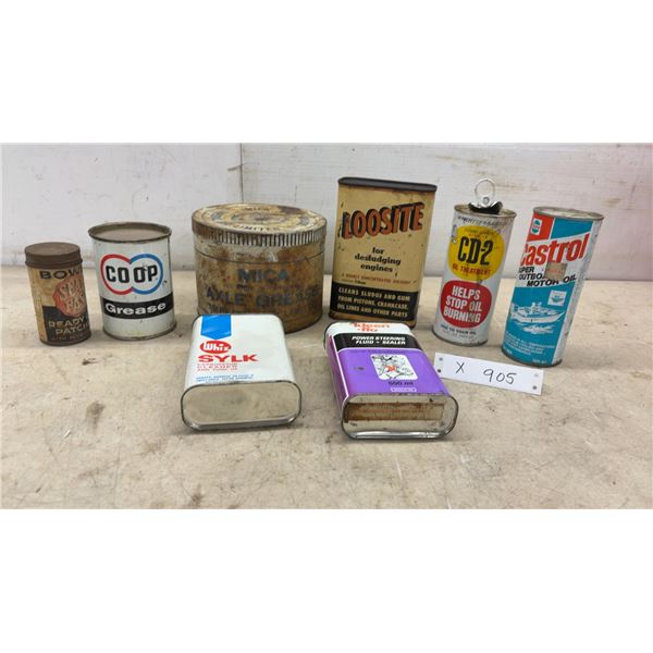 Castrol, CO-OP, Mica, Loosite, CD-2, Bowes, Whiz Sylk, and Kleen-Flo Automotive Tins, Some with