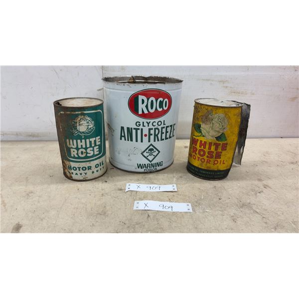 Vintage Roco Glycol Anti-Freeze Gallon Can and Two White Rose Motor Quart Oil Cans