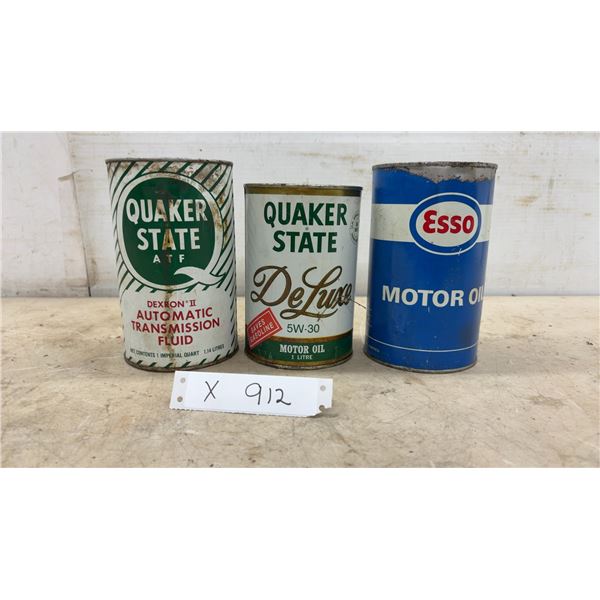 Quaker State Dexron II ATF, Quaker State De Luxe 5W-30 and Esso Motor Oil Cans, with Product