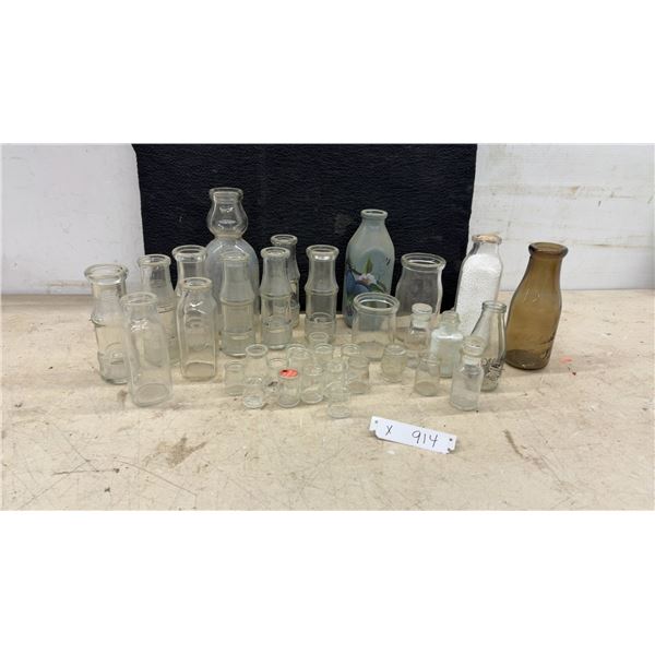 Collection of Vintage Glass Dairy Bottles and Jars Including Elmhurst Dairy and Hand-Painted