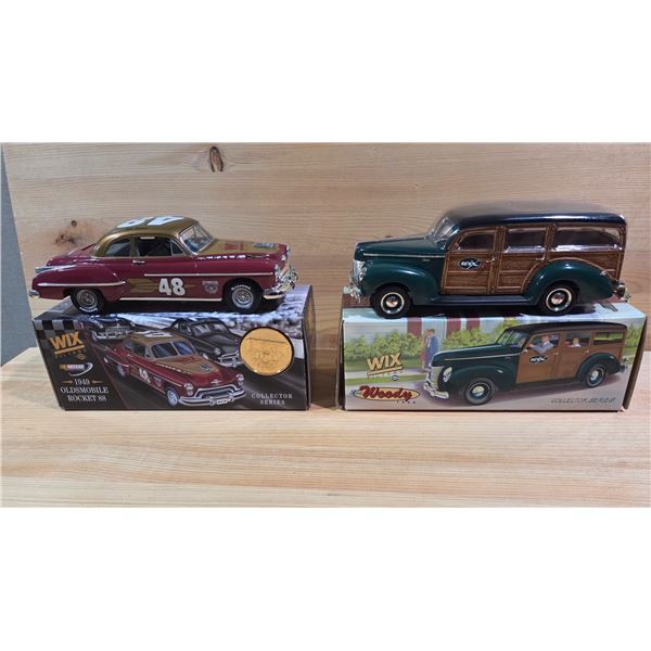 WIX 1949 Olds #48 Race Car, 1940 Ford Woody Wagon, 1/25th Scale Die Cast.