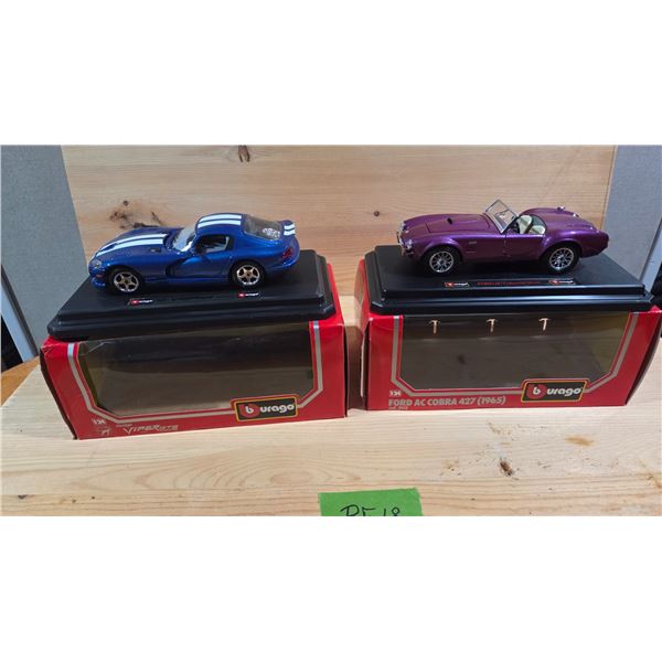 Bburago 1965 Ford AC Cobra 427, 1996 Dodge Viper GTS 1/24th Diecasts.