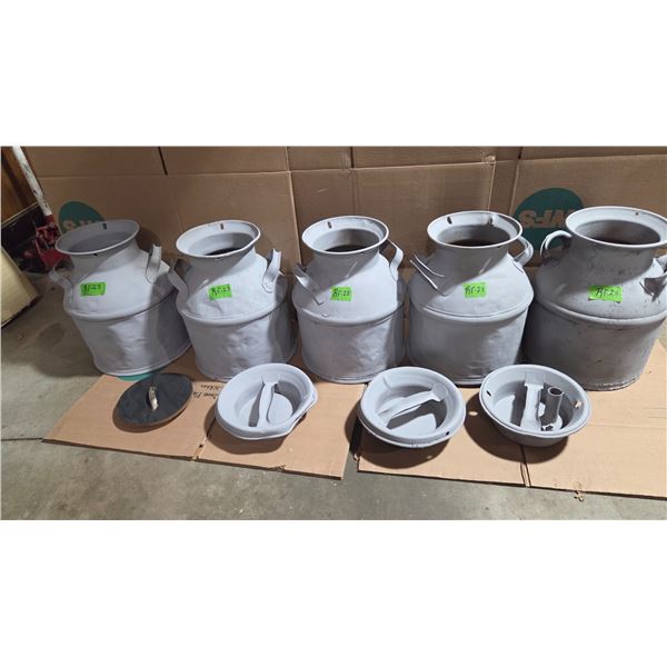 5 Antique Cream Cans, 4 Lids, Some Rust And Pin Holes.