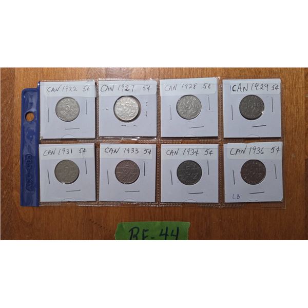 8 Canadian Nickels - 1922, 1927, 1928, 1929, 1931, 1933, 1934, 1936.