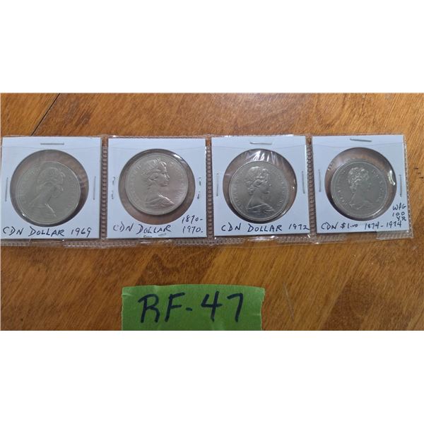 4 Canadian Dollar Coins - 1969, 1970, 1972, 1974.