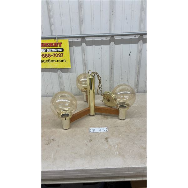 Vintage Mid-Century Modern 3-Light Chandelier with Brass Column, Wood Arms and Amber Glass Globes