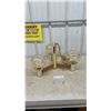 Image 1 : Vintage Mid-Century Modern 3-Light Chandelier with Brass Column, Wood Arms and Amber Glass Globes