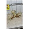 Image 3 : Vintage Mid-Century Modern 3-Light Chandelier with Brass Column, Wood Arms and Amber Glass Globes