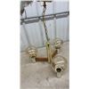 Image 5 : Vintage Mid-Century Modern 3-Light Chandelier with Brass Column, Wood Arms and Amber Glass Globes