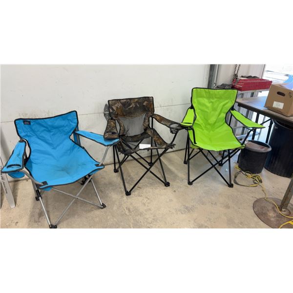 Three Folding Quad Camp Chairs with Cup Holders, Blue, Camouflage, and Lime Green