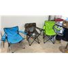 Image 1 : Three Folding Quad Camp Chairs with Cup Holders, Blue, Camouflage, and Lime Green
