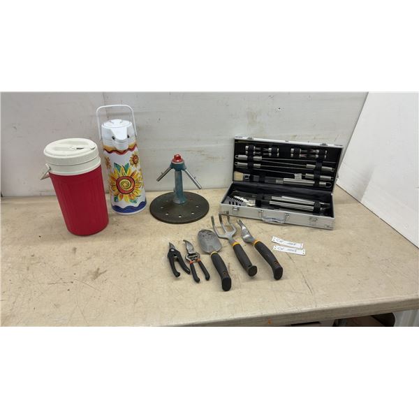 New BBQ Tool Set in Case, 2 Thermos Bottles, Garden Sprinkler, and Garden Tools