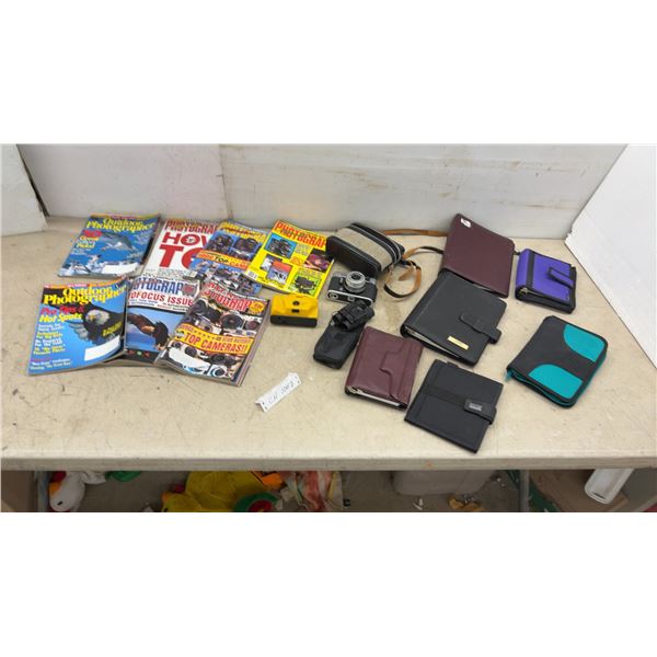 Camera and Case, Ultronic Focus Free 35mm Camera, Bushmaster Binoculars, Magazines, Organizers