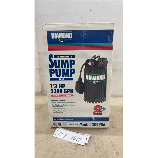 New Diamond SP33 Model 309986 1/3 HP 2300 GPH Submersible Sump Pump, 115 Volt, Made in Italy