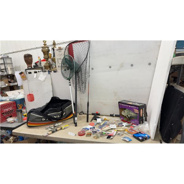 Two Berkley Ice Fishing Rods and Reels, Fishing Net, Tackle Bag, Lures