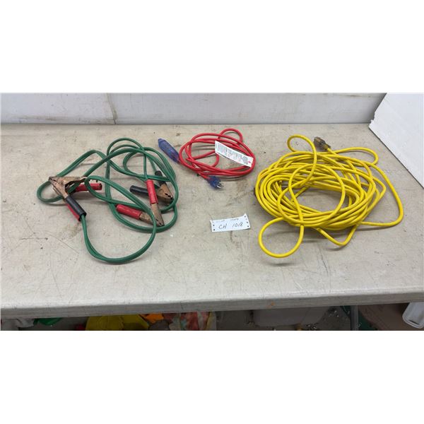 Jumper Cables, Red Indoor/Outdoor Extension Cord, and Yellow Heavy-Duty Outdoor Extension Cord