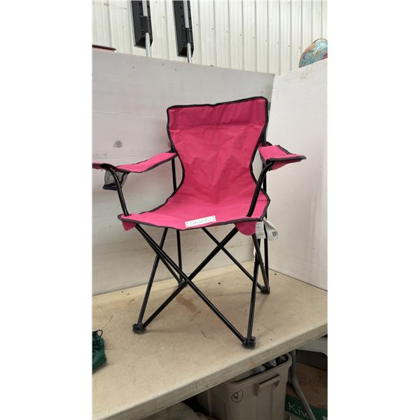 Pink Folding Camping Chair with Armrests, Mesh Cup Holder and Green Carrying Bag