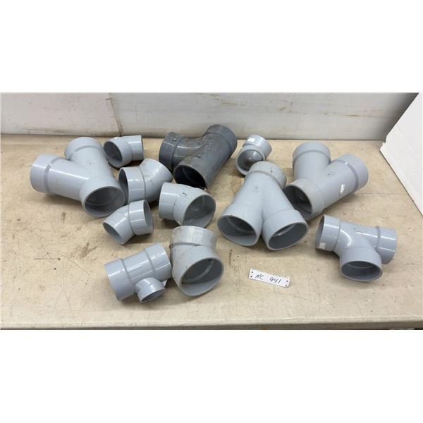 Assorted Grey PVC DWV Plumbing Fittings Including 3 and 4” Wyes, Tees, Elbows
