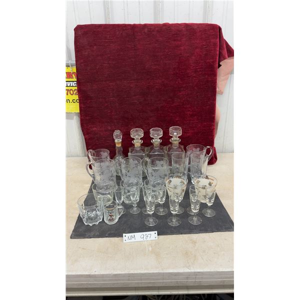 Assortment of Clear Glass Decanters, Etched Mugs, Stemmed Cordials