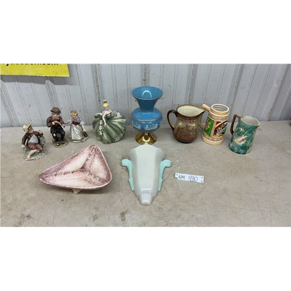Vintage Blue and Gold Grecian-Style Pedestal Vase, Figurines, Pitchers, Ashtray