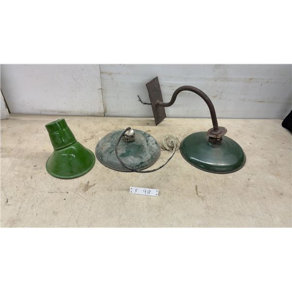 Vintage Industrial Green Enamel RLM Gooseneck Barn Light and Dome Shades, Largest 20” Diameter