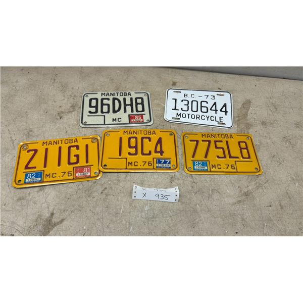 Vintage Canadian Motorcycle License Plates, 1973 BC and 1976-1983 Manitoba, Set of 5