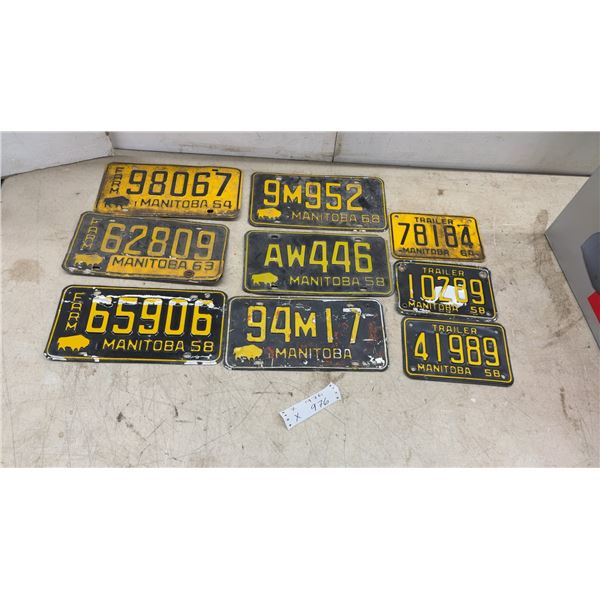 Vintage Manitoba License Plates From 1958, 1963, and 1964 Including Farm and Trailer, Lot of 9