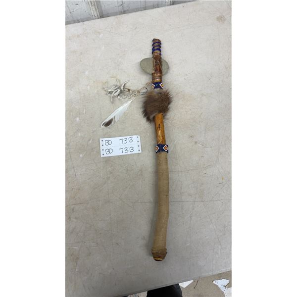 Vintage First Nations Tomahawk With Stone Head, Bone, Fur, Feather and Beaded