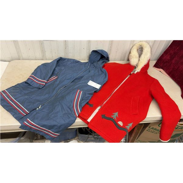 Vintage Hudson’s Bay Company Red Wool Parka With Fur Trim Hood. Tree/Igloo Appliqués comes with