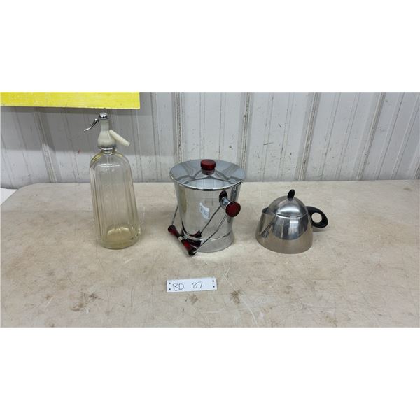 Antique Montreal Embossed Seltzer Bottle, Chrome/Bakelite Ice Bucket and Tea Kettle