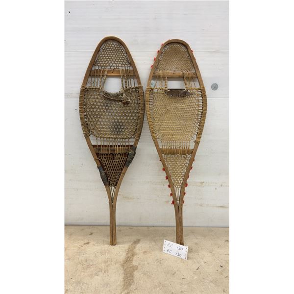 Vintage Wooden-Frame Snowshoes with Rawhide Netting, 37 × 11”