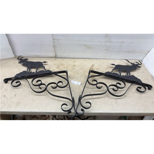 Pair of Decorative Wrought Iron Wall-Mounted Hanging Basket Brackets With Deer Silhouette, 24 × 38”