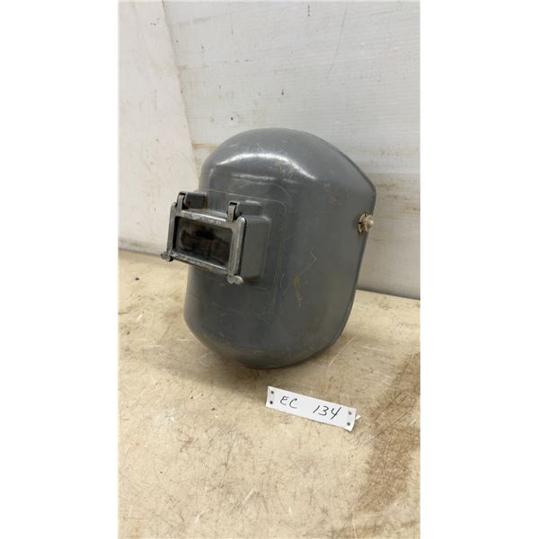 Vintage Gray Industrial Welding Helmet with Flip-Up Dark Lens and Adjustable Headgear