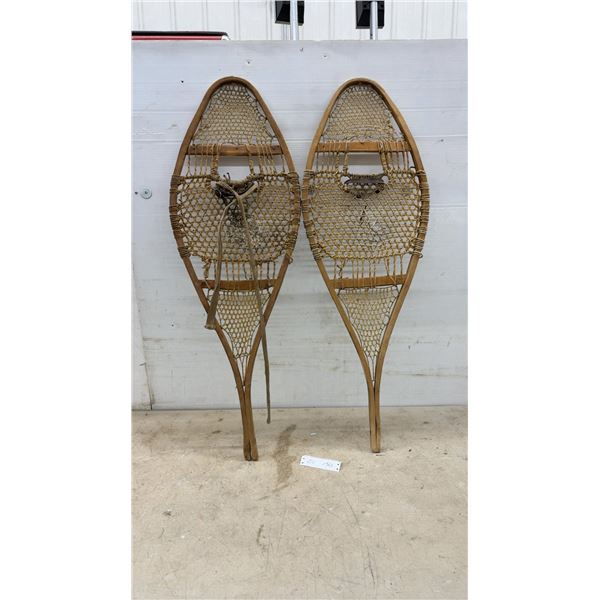 Vintage Wooden Snowshoes with Rawhide Lacing, Huron Style, 42 × 14”