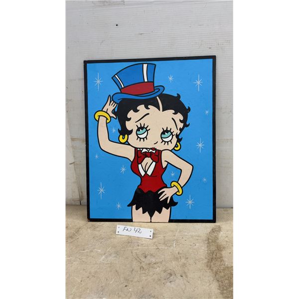Betty Boop Hand-Painted Wall Plaque on Hardboard, Red Outfit with Top Hat on Blue Starry Background