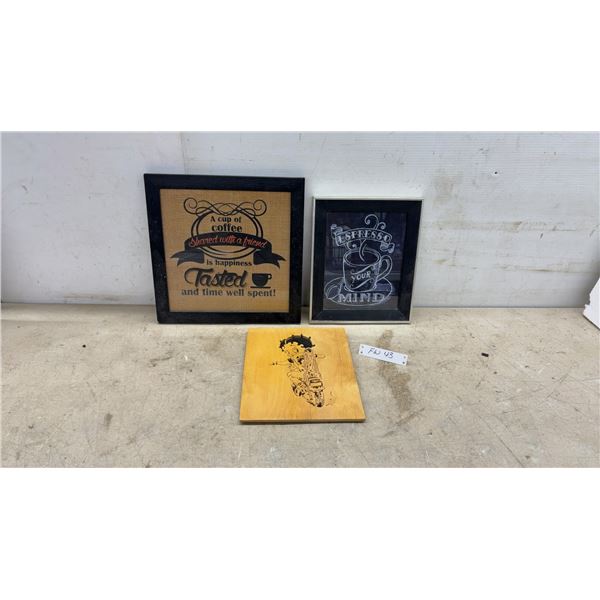 Coffee-Themed Framed Wall Art, "Espresso Your Mind" Sign and Betty Boop Motorcycle Wood Carved