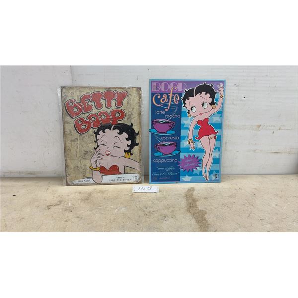 Two Betty Boop Metal Signs, Since 1930 Max Fleischer and Boop Cafe Coffee, Largest 17 × 12”
