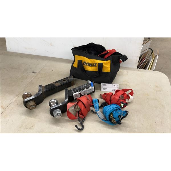 2 Ball Hitches and Dewalt Bag Full of Ratchet Straps