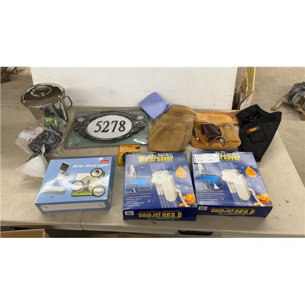 Garden Watersavers, Solar Shed Light, Address Plaque, Tool Belt