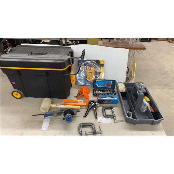 Rolling Tool Box, Zircon Water Level, Socket Set, Footprint Planer, Clamps