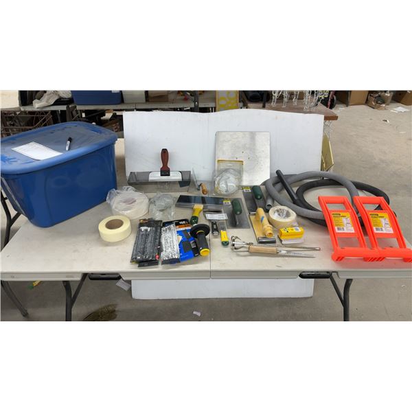 Tote Full of Drywall and Taping Tools: Stanley Panel Carry (2), Trowels, Mud Pans, Sanding Blocks
