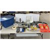Image 1 : Tote Full of Drywall and Taping Tools: Stanley Panel Carry (2), Trowels, Mud Pans, Sanding Blocks