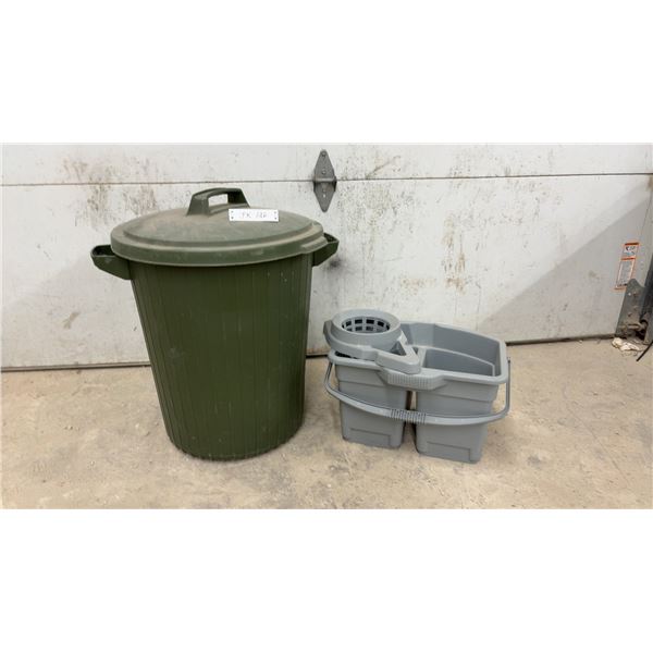Rubbermaid Plastic Garbage Can with Lid and Gray Dual-Compartment Mop Bucket