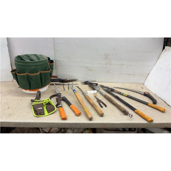 Garden Tool Lot With Bucket Organizer, Shears, Pruners, Saw, Hand Rake
