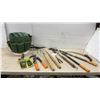 Image 1 : Garden Tool Lot With Bucket Organizer, Shears, Pruners, Saw, Hand Rake