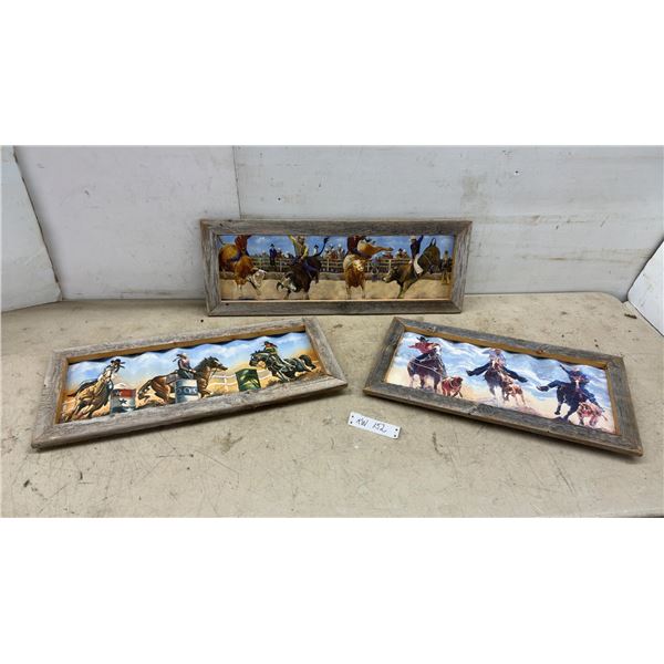 Set of 3 Rustic Framed Rodeo Prints, Bull Riding, Barrel Racing, and Calf Roping Scenes, Largest