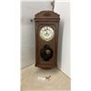 Image 1 : Antique Carved Wood Wall-Mounted Pendulum Chime Clock with Key, Early 20th Century, 32 × 13”