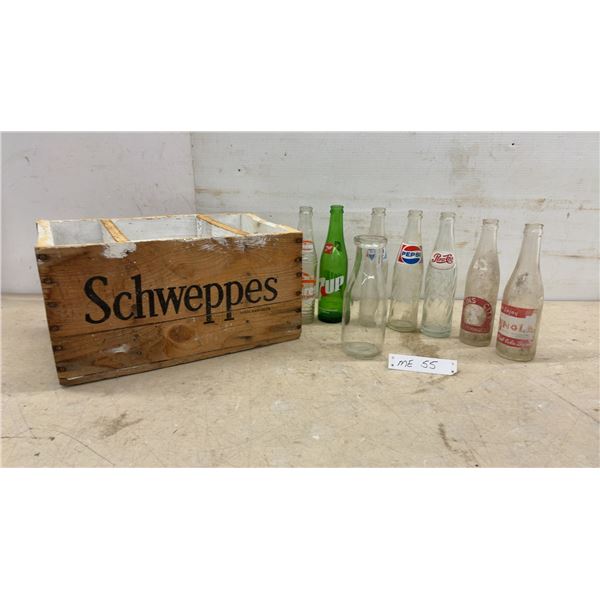 Schweppes Wooden Crate, 8 × 10 × 16” and 7 Soda Bottles: Hires, 7UP, Pepsi, Wynola