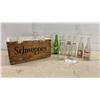 Image 1 : Schweppes Wooden Crate, 8 × 10 × 16” and 7 Soda Bottles: Hires, 7UP, Pepsi, Wynola